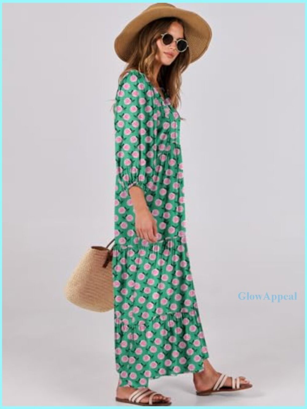 Maxi Dress with Puff Sleeves, V-Neck, Flowy Swing Fit for Casual Wear - Picture 3 of 7